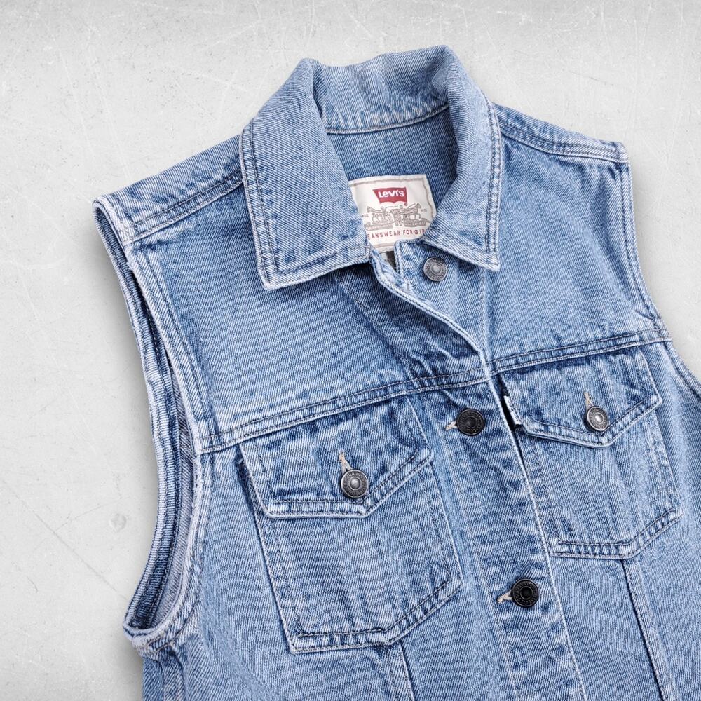 VTG Levi's Denim Vest Junior L (Women XS/S) Stone Wash Blue Streetwear Retro Y2K - Picture 3 of 11